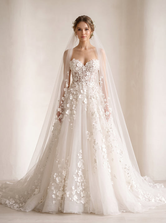 Philomena 3D botanical floral organza A-line trumpet wedding dress by Fiore's Bridal - Front View