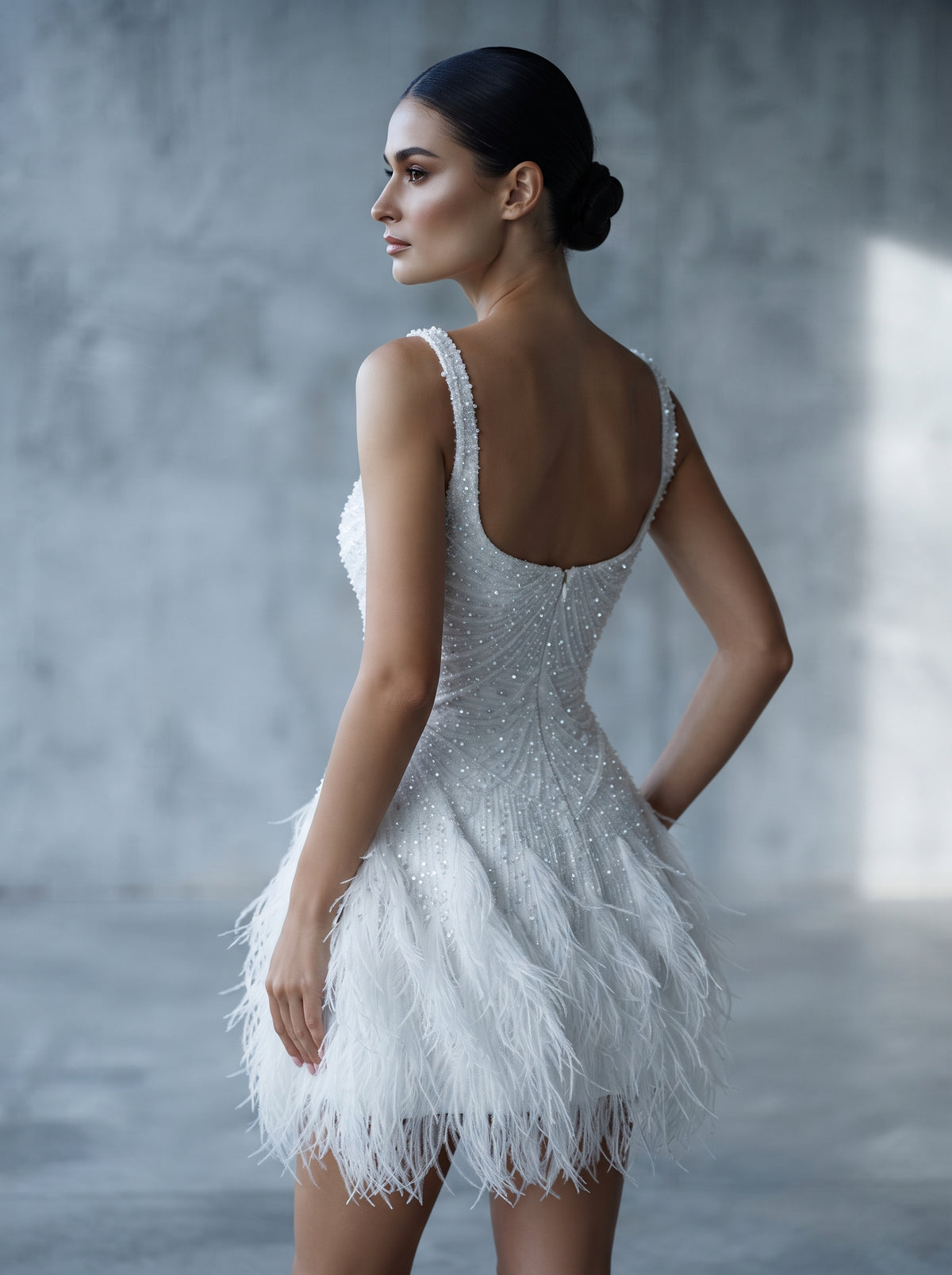 Plume ivory beaded feather mini dress by Fiore's Bridal - Back View