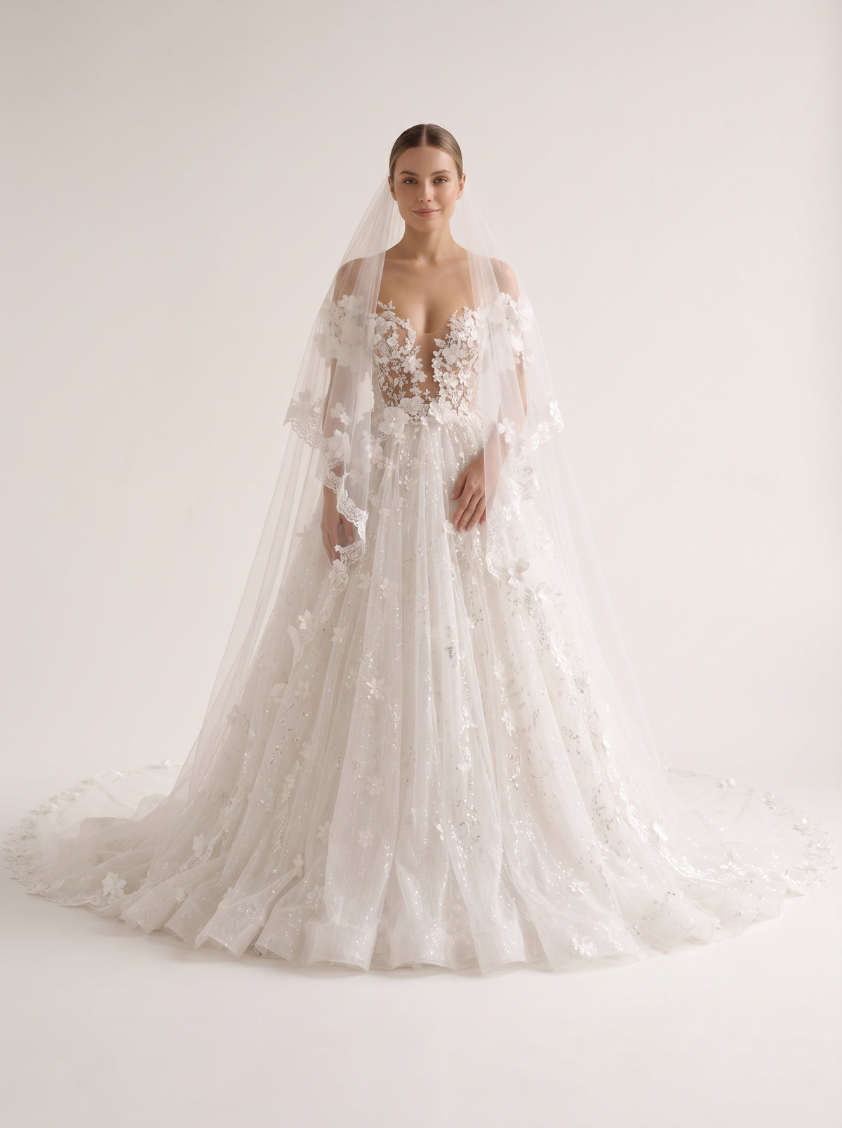 Fiores Primrose ball gown wedding dress, front view with veil