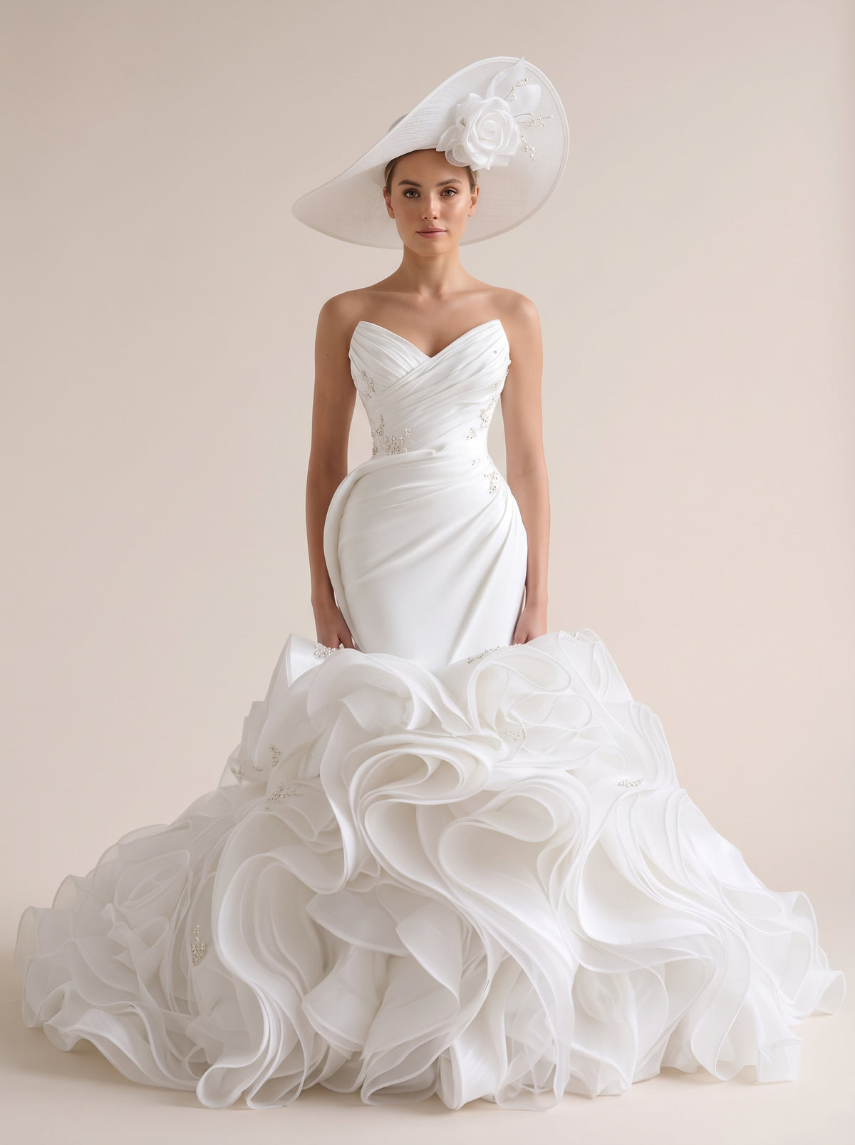 Fiores Rosabel mermaid wedding dress, front view with hat