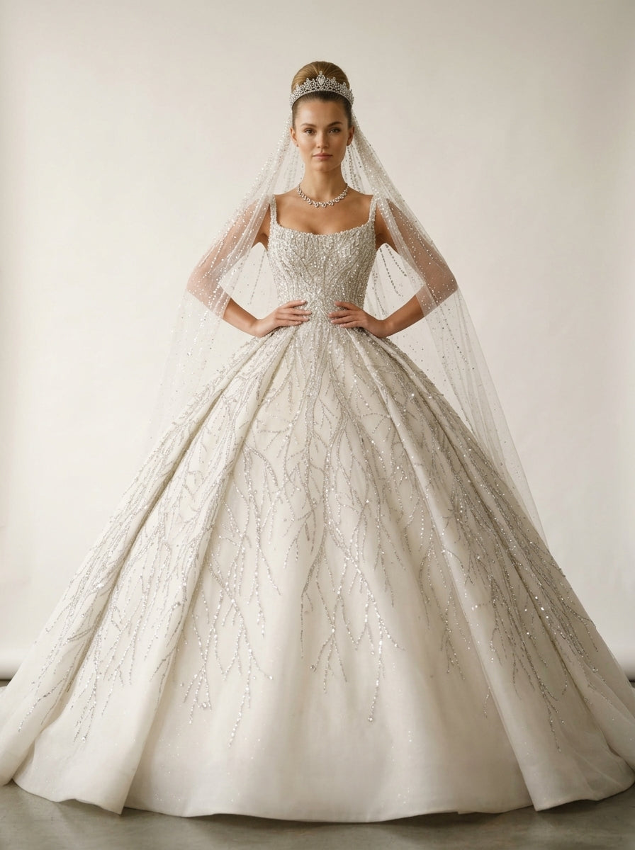 Seraphina off-the-shoulder mikado silk A-line wedding dress by Fiore's Bridal - Front View