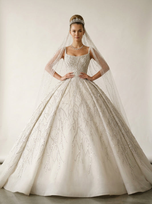 Seraphina off-the-shoulder mikado silk A-line wedding dress by Fiore's Bridal - Front View