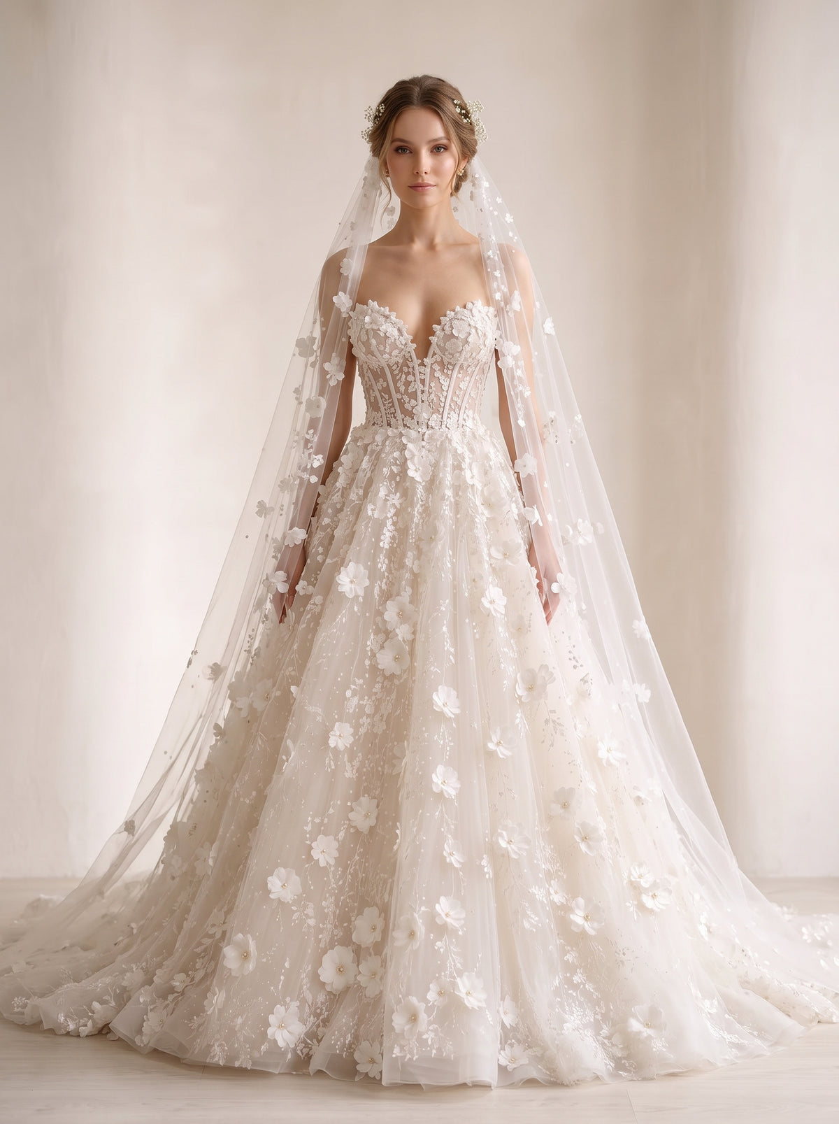 Thais 3D botanical floral organza A-line trumpet wedding dress by Fiore's Bridal - Front View