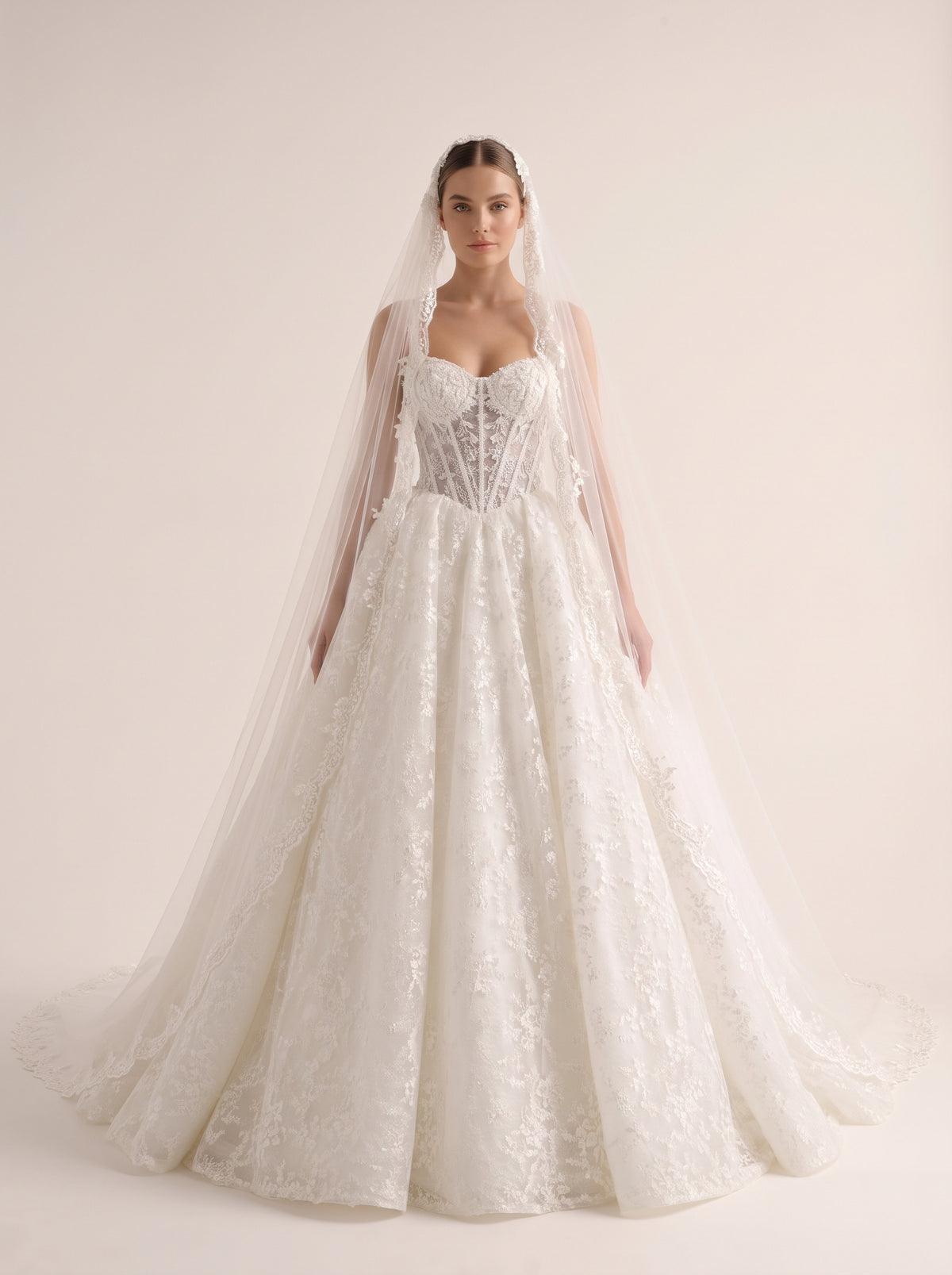 Thalia botanical organza A-line wedding dress by Fiore's Bridal - Front View