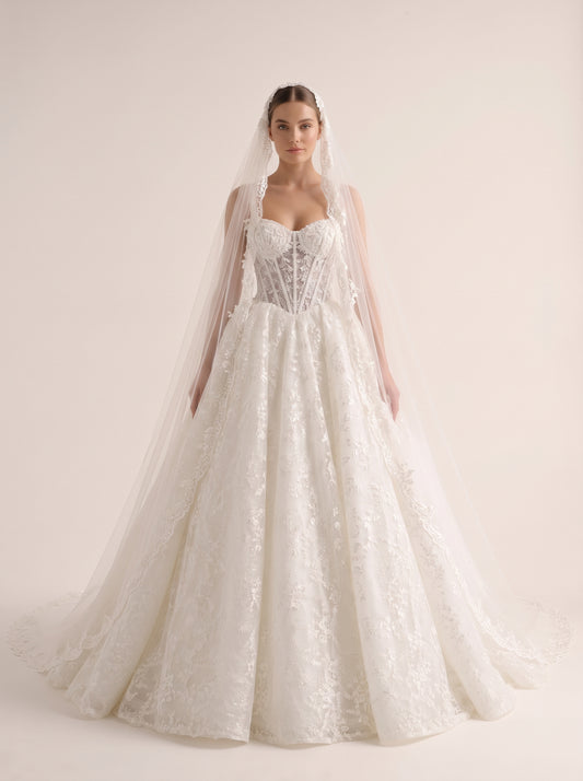 Thalia botanical organza A-line wedding dress by Fiore's Bridal - Front View