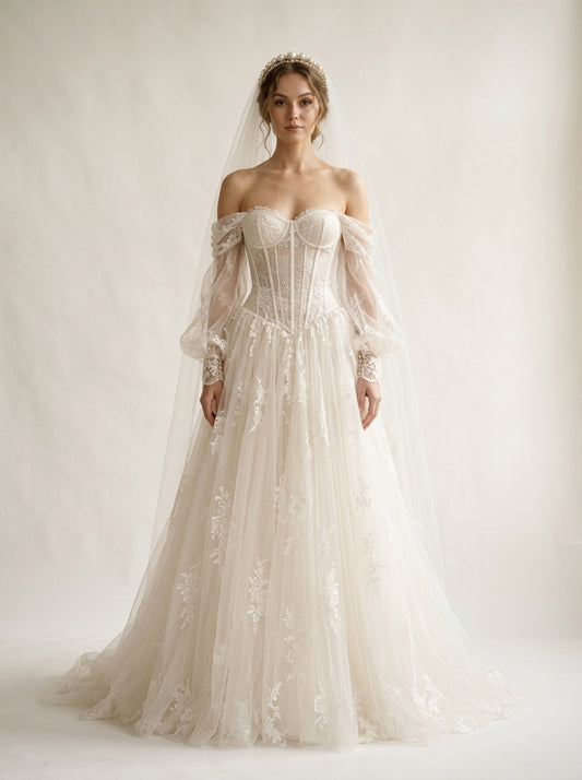 Helena botanical floral organza A-line beach wedding dress by Fiore's Bridal - Front View