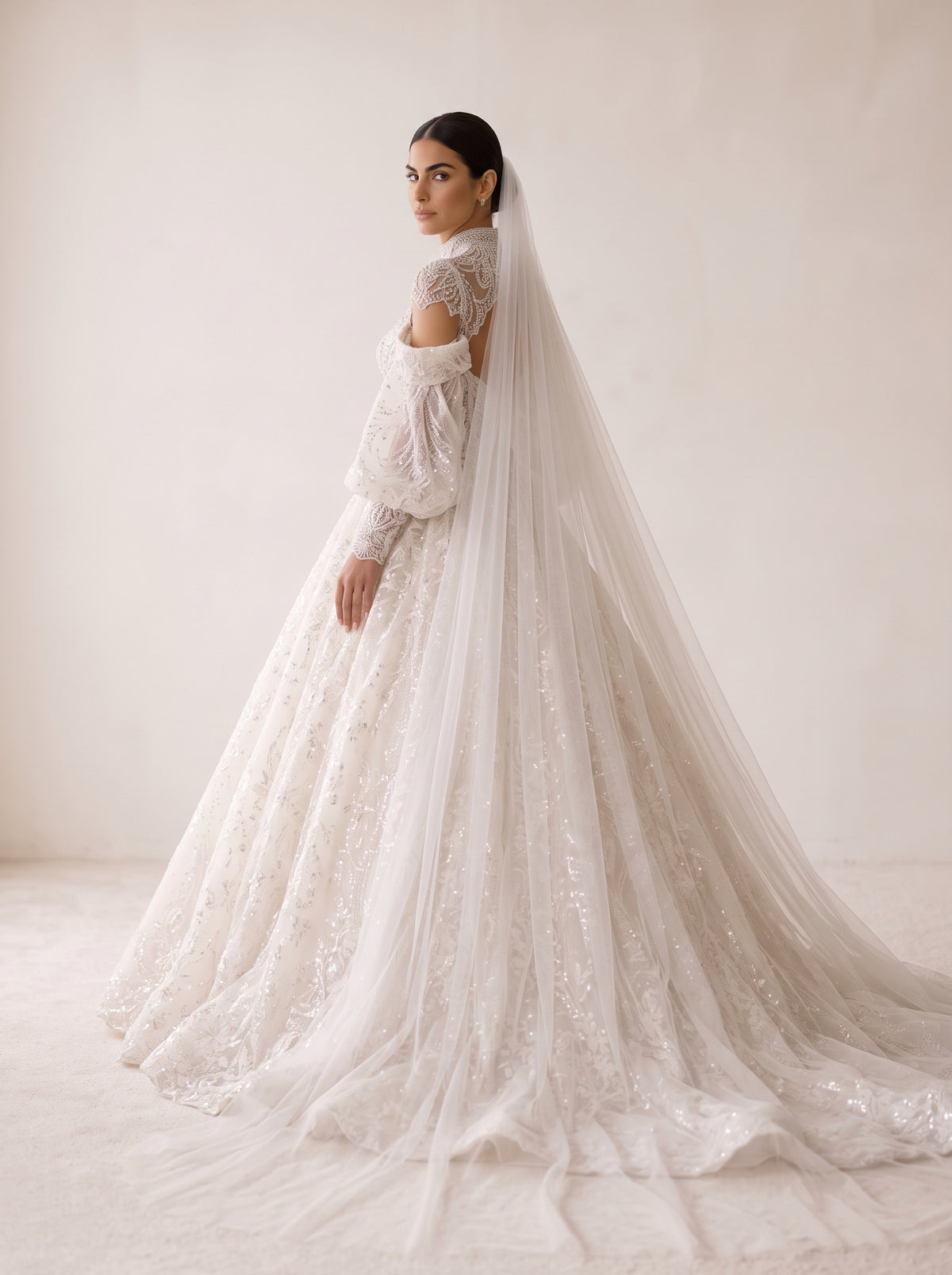 Fiores Victoria ball gown wedding dress, back view with veil